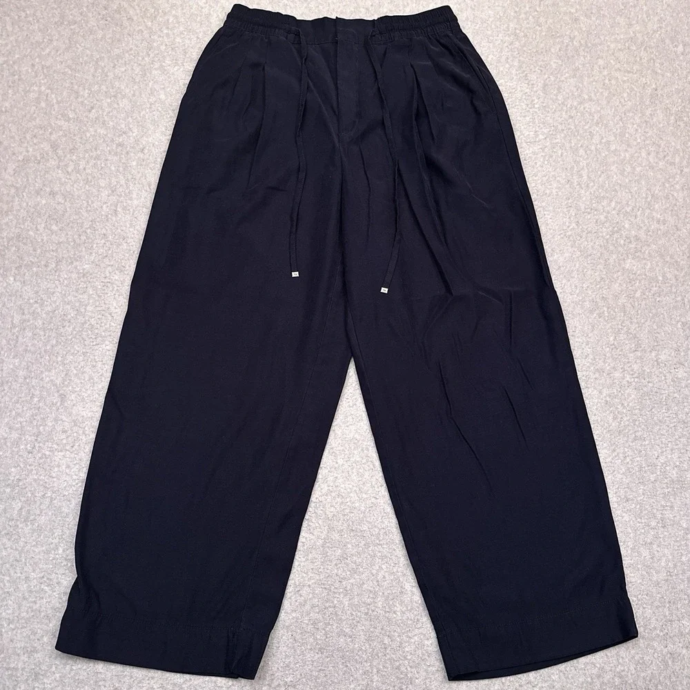Tommy Hilfiger Wide-Leg Pants Womens Medium Navy Blue Drawstring Pleated Stretch